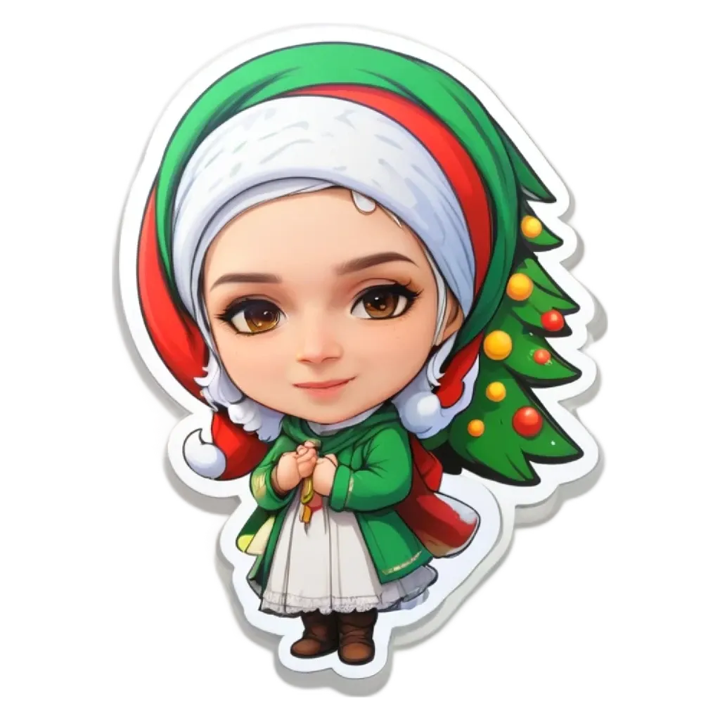 A small girl wearing a Christmas hat and dress standing in front of a tree.