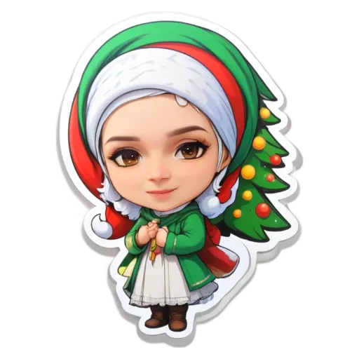 A small girl wearing a Christmas hat and dress standing in front of a tree.