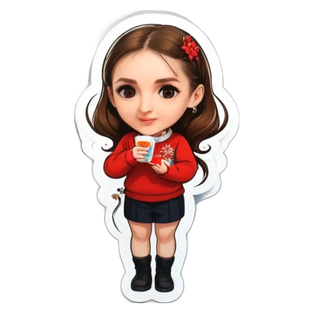 A girl wearing a red sweater is holding a cup.