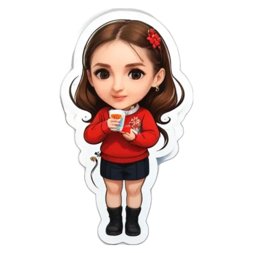 A girl wearing a red sweater is holding a cup.