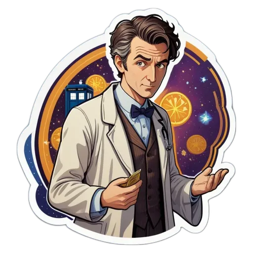 A Doctor Who cartoon character holding a cell phone.
