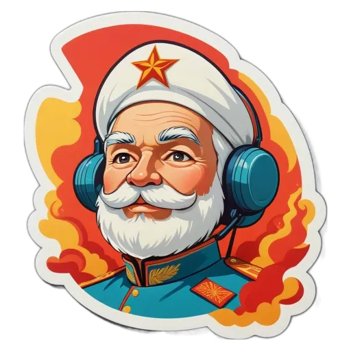 A sticker of a man with a red star on his hat and blue headphones.