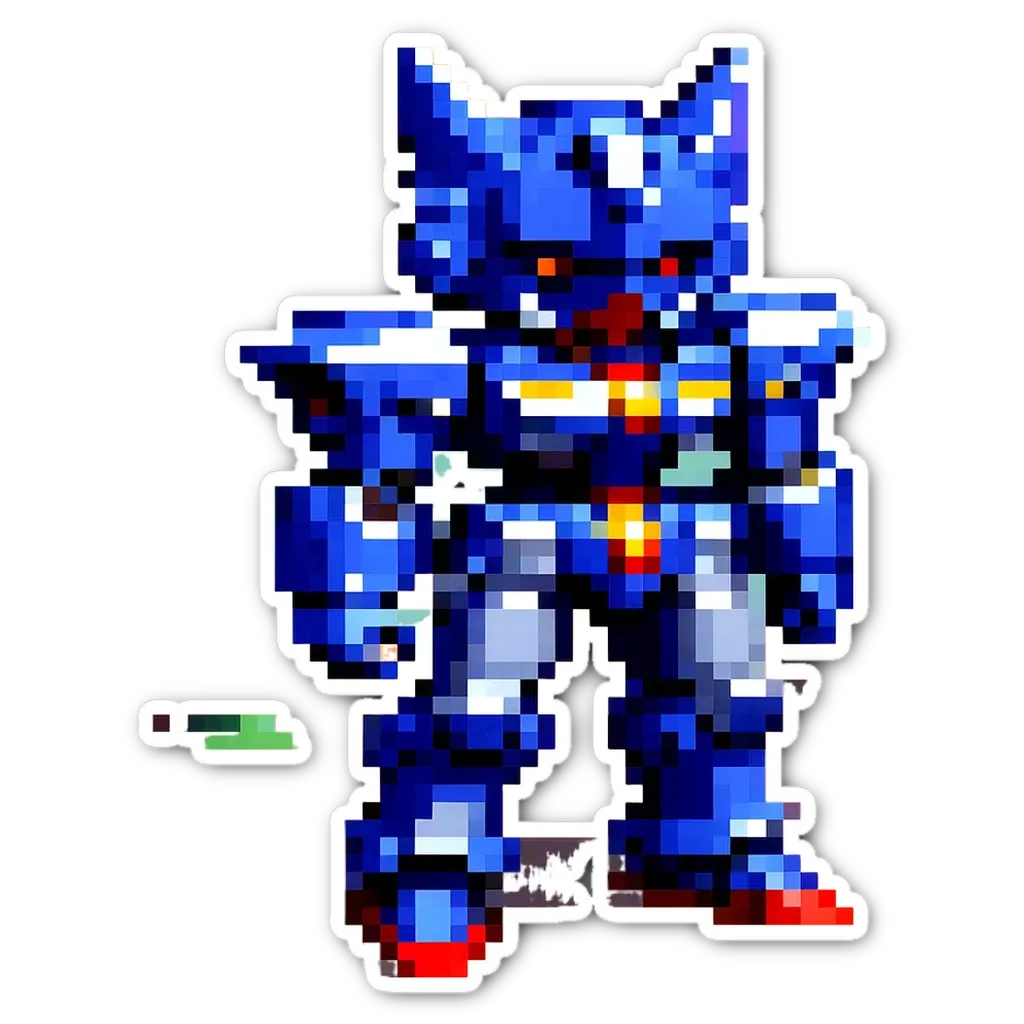 A blue character generated with pixelytics is the focus of the image.