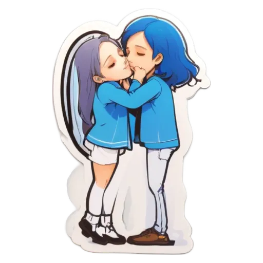 Two people in blue jackets and white socks who are kissing each other.