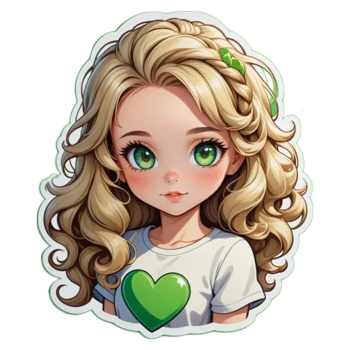 A green heart is on the white shirt of a girl.
