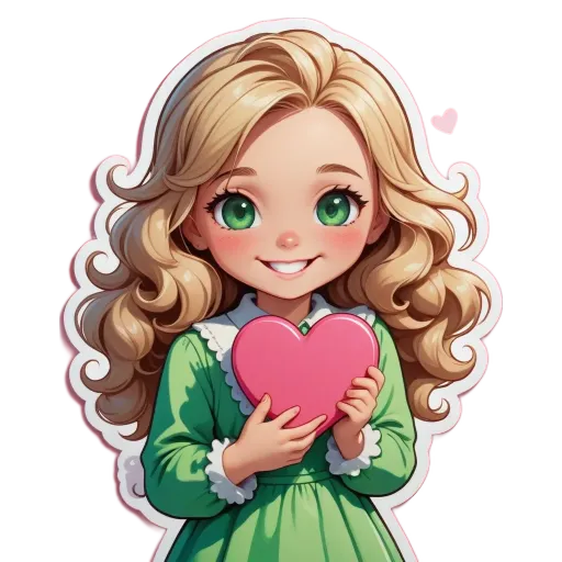 A girl holding a heart shaped sticker in her right hand.