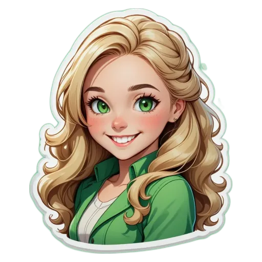 A green colored woman with a sticker of her that is smiling.