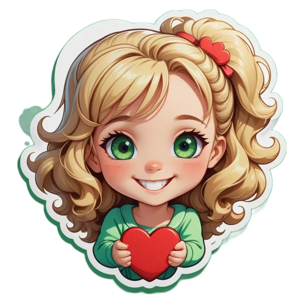 A girl with a heart is holding a red heart in front of a black background.