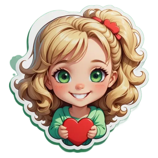 A girl with a heart is holding a red heart in front of a black background.