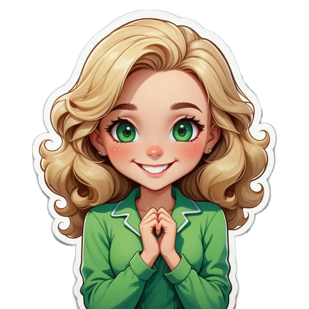 A sticker of a girl that is smiling and has green eyes.