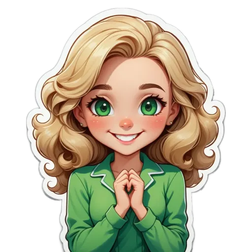 A sticker of a girl that is smiling and has green eyes.