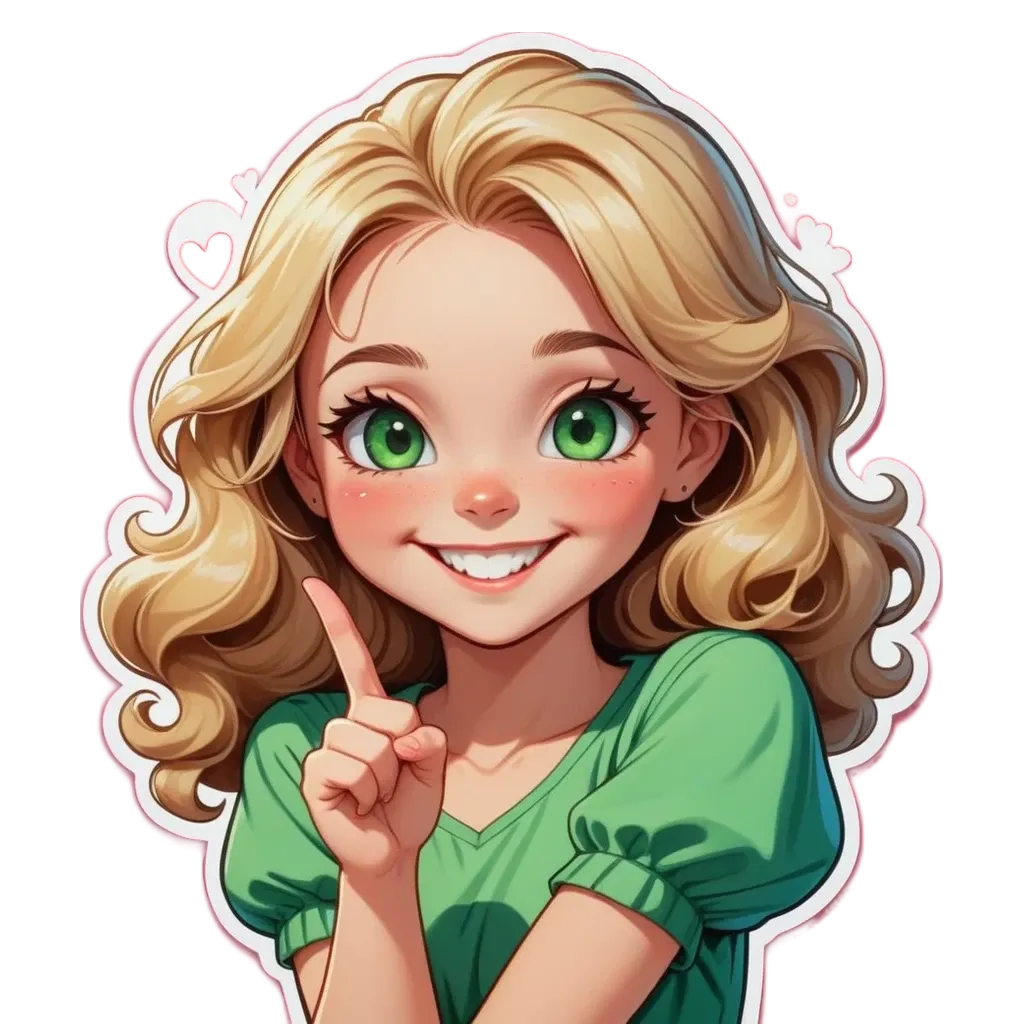 A girl with green dress pointing her finger in the picture.