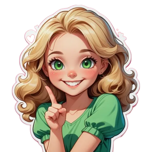 A girl with green dress pointing her finger in the picture.