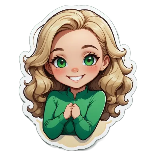 A green and white character sticker that is smiling.
