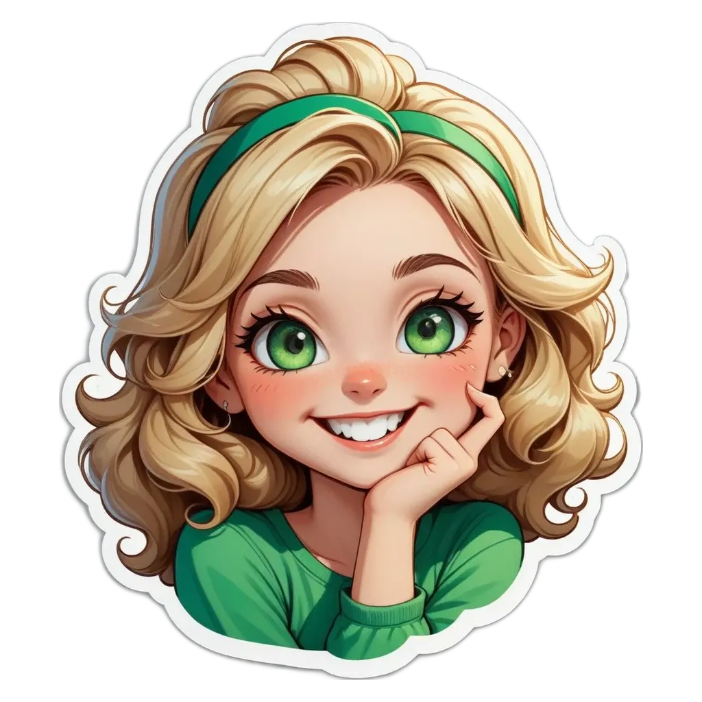 A green and white cartoon girl with a smile.
