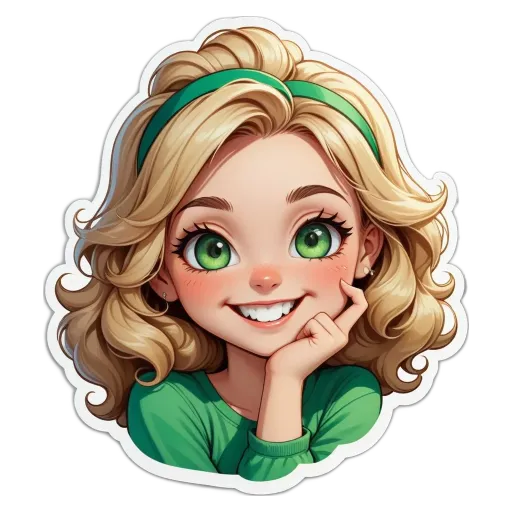 A green and white cartoon girl with a smile.