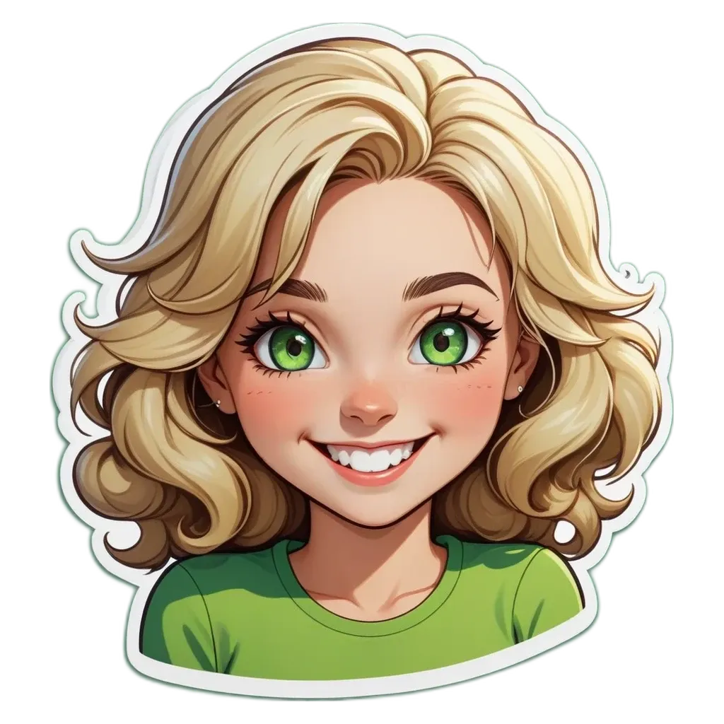 A green girl with a sticker of her face.