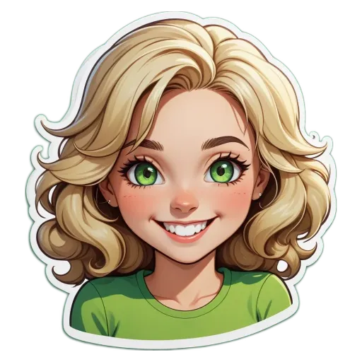 A green girl with a sticker of her face.