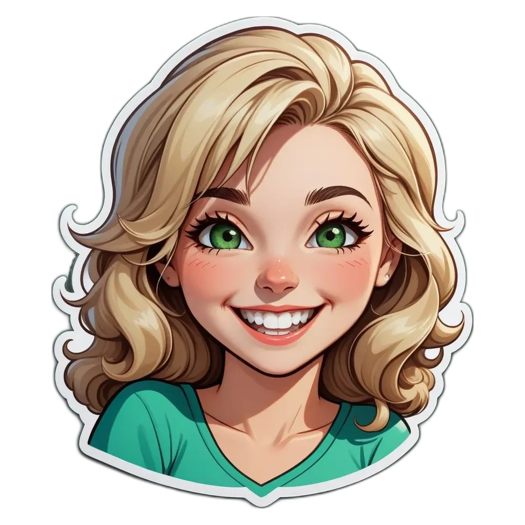 A cartoonish drawing of a girl with green eyes and a green shirt.