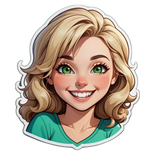A cartoonish drawing of a girl with green eyes and a green shirt.