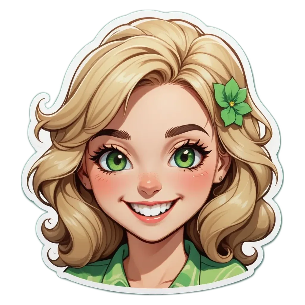 A green and white character with a flower on her head.
