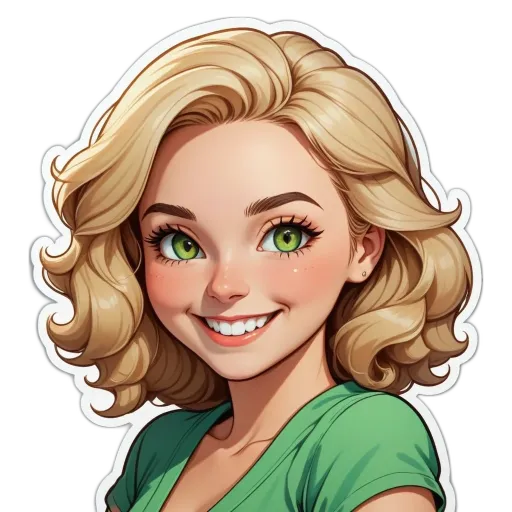 A green colored woman with a smile on her face.