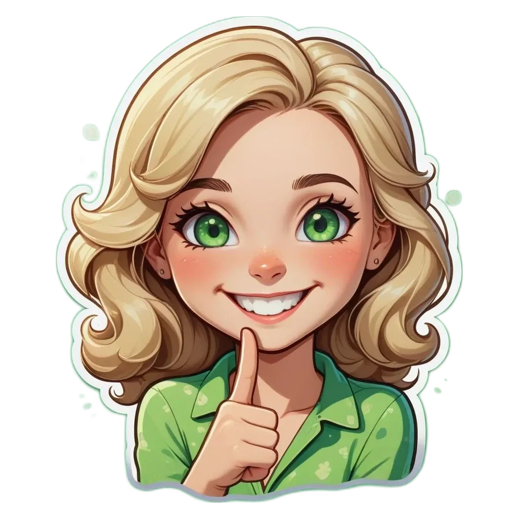 A girl thinking with her finger on a sticker of her face.