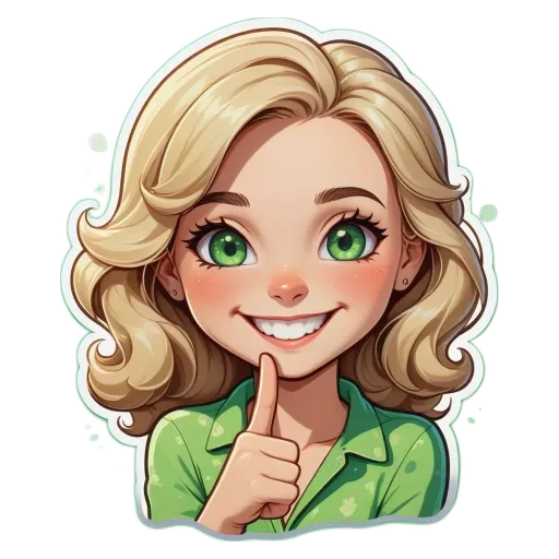 A girl thinking with her finger on a sticker of her face.