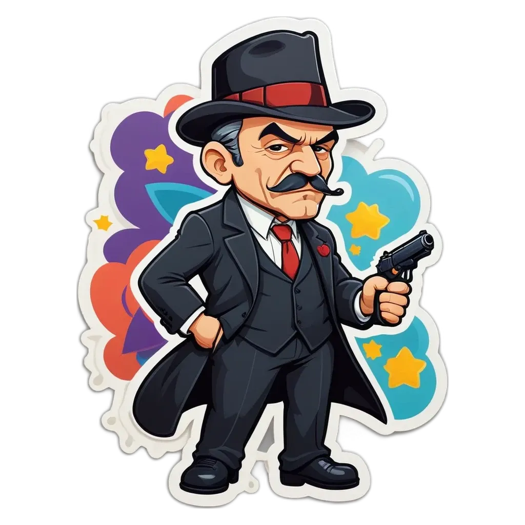 A cartoon depiction of a bad guy with a gun.
