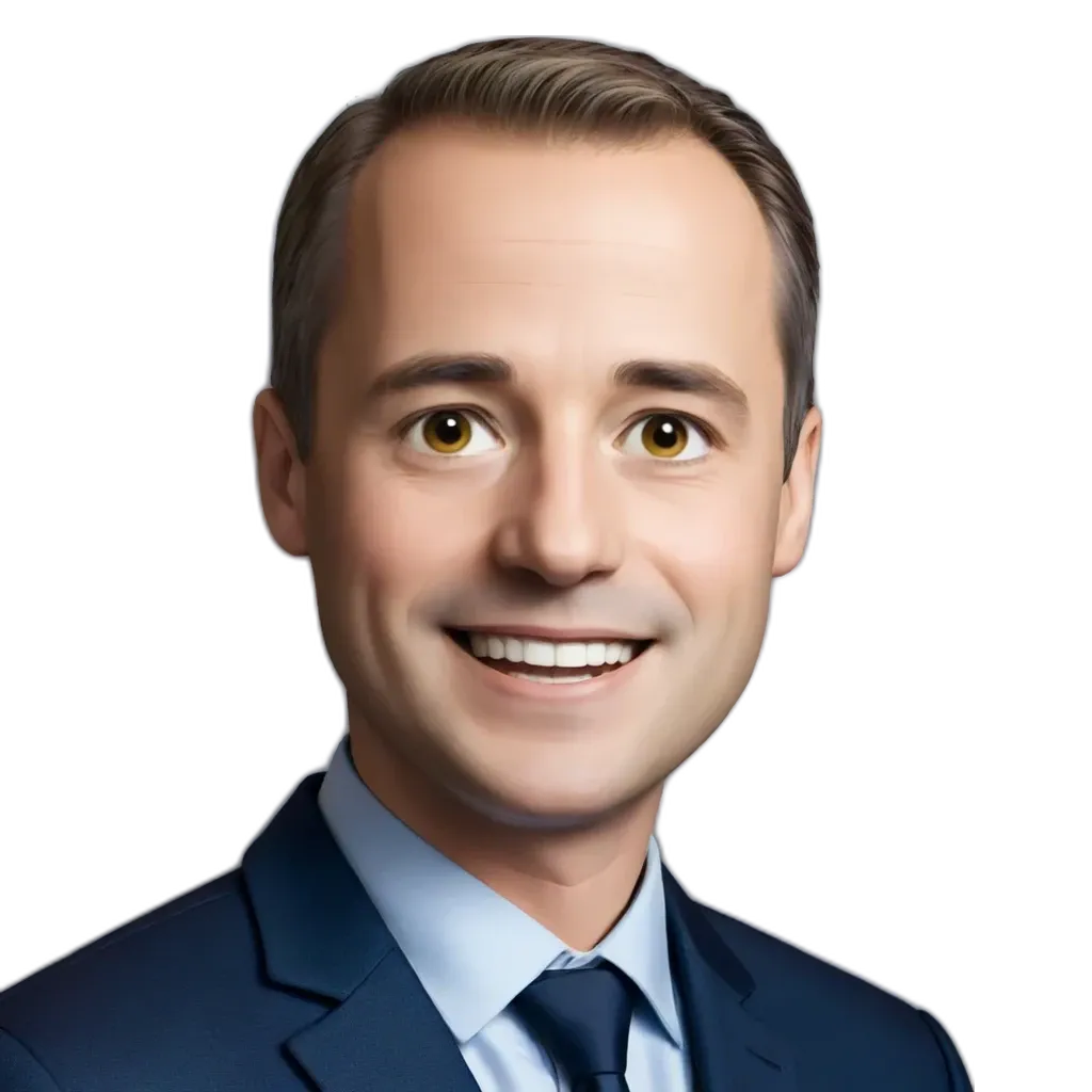 A cartoonish photo of a man in a suit.