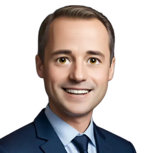 A cartoonish photo of a man in a suit.