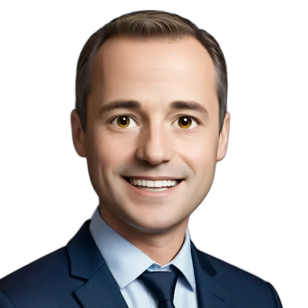 An artist has created a portrait of a man wearing a blue suit and tie.