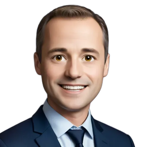An artist has created a portrait of a man wearing a blue suit and tie.