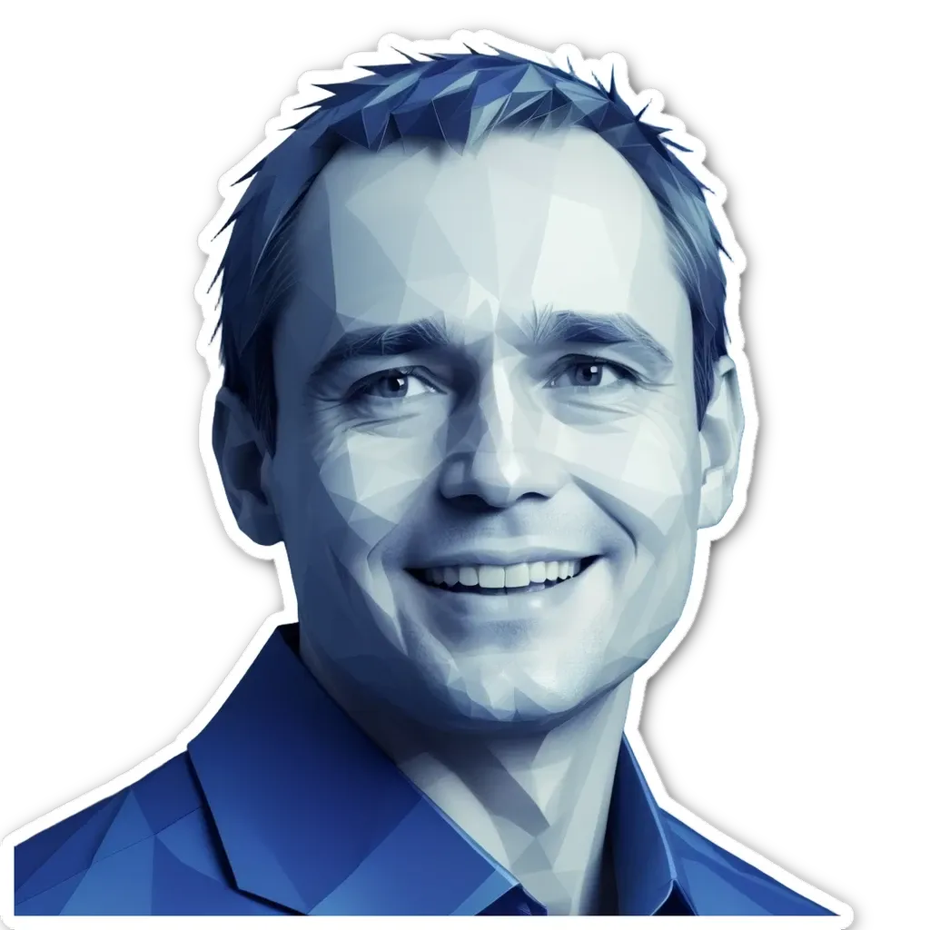 A man's face is depicted in a polygonal sticker.