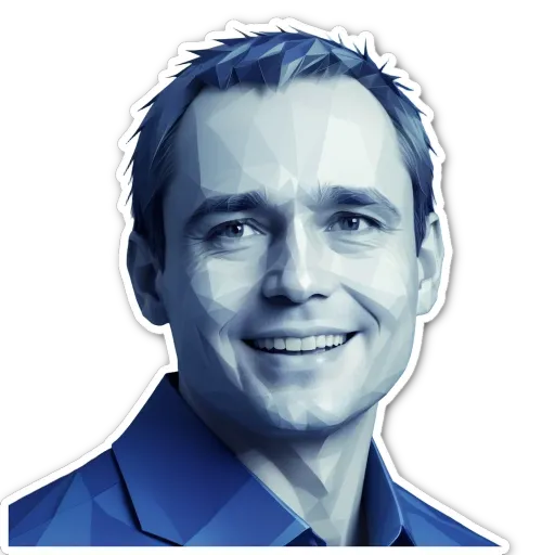 A man's face is depicted in a polygonal sticker.