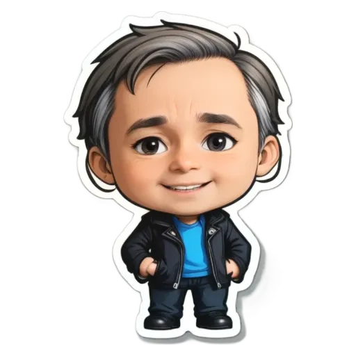A sticker of a man with a blue shirt and black jacket with gray hair.