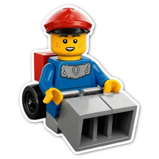 A lego boy who is wearing a blue and red uniform and is sitting on a car.