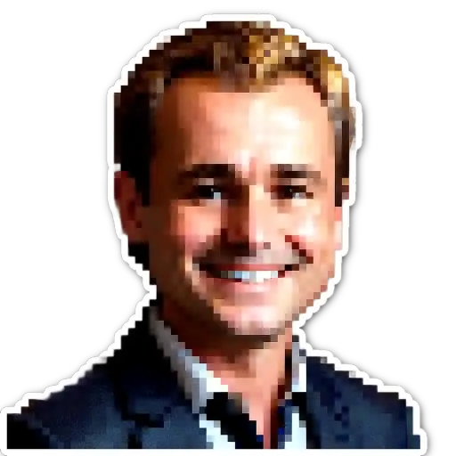 A happy smiling man in a suit is generated using pixelated art.