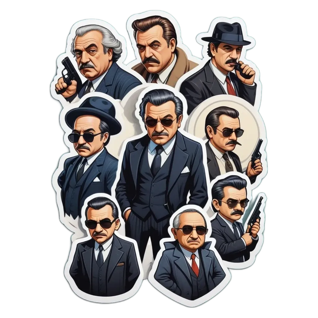 A collection of cartoon stickers depicting criminals such as Mafia members wearing suits and ties.