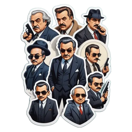 A collection of cartoon stickers depicting criminals such as Mafia members wearing suits and ties.