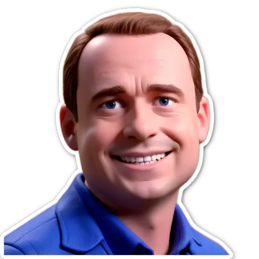 A cartoonish photo of a man with a blue shirt and blue hair.