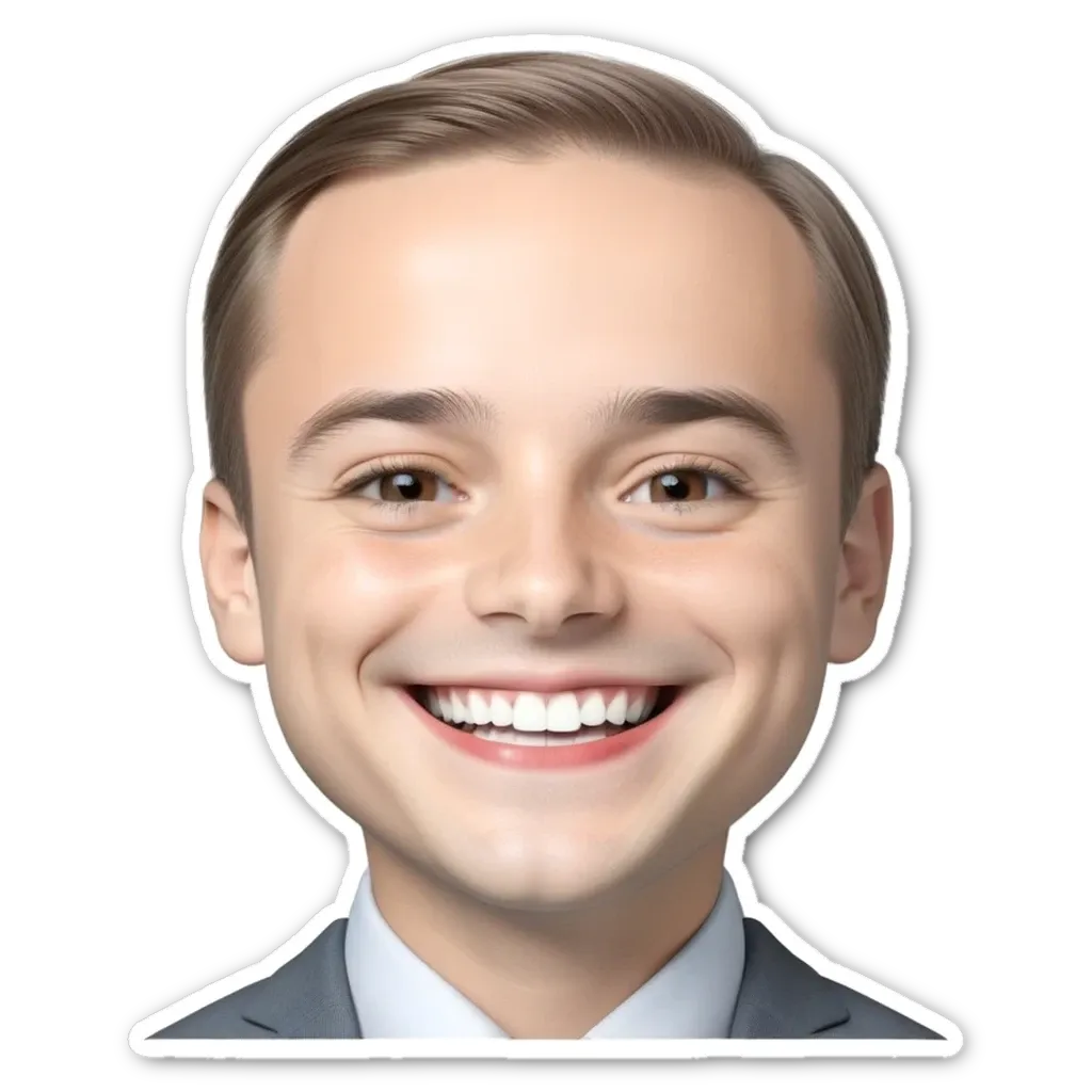 A cartoonish picture of a man wearing a suit and smiling.