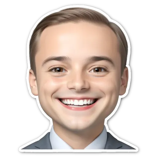 A cartoonish picture of a man wearing a suit and smiling.