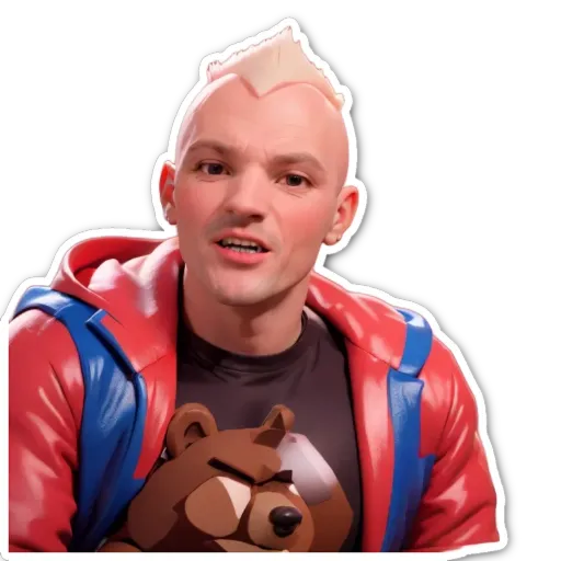 A sticker of a man with a bear shirt.