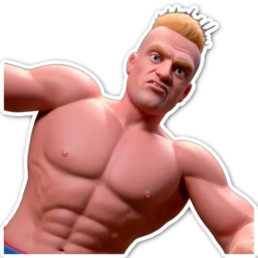 A sticker of a man with muscles that is pink.