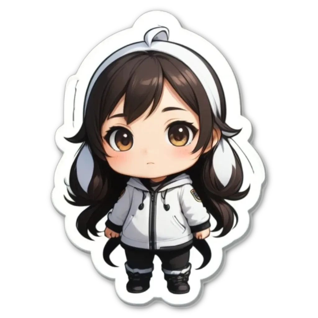 A girl wearing a white jacket with black and grey designs.