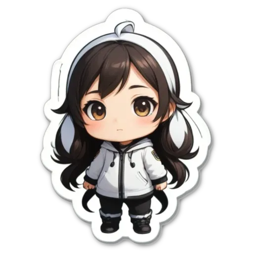 A girl wearing a white jacket with black and grey designs.