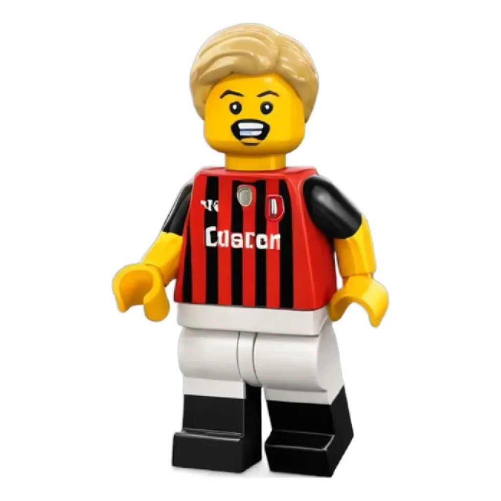 A lego person wearing a red and black jersey with the word Caston on it.