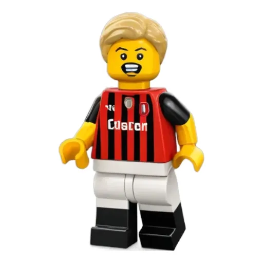 A lego person wearing a red and black jersey with the word Caston on it.