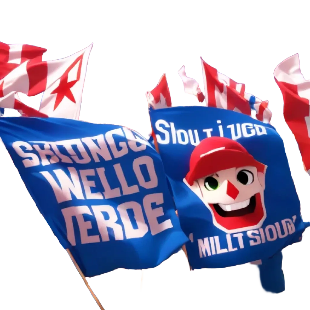 A bunch of people holding blue flags that sayontoncwenalovelo waldo verde.